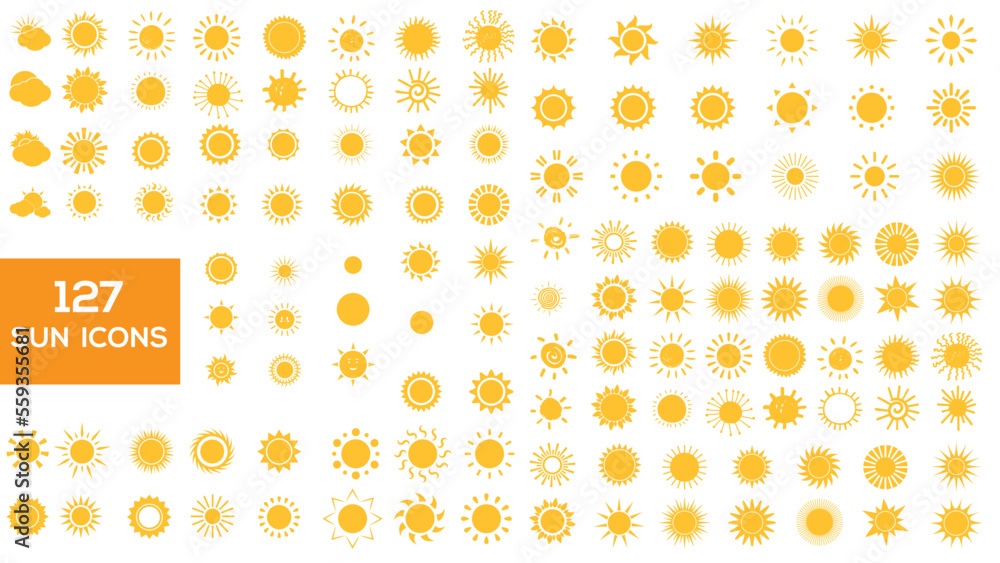 Vector set of different hand drawn sun icons flat style vector illustration