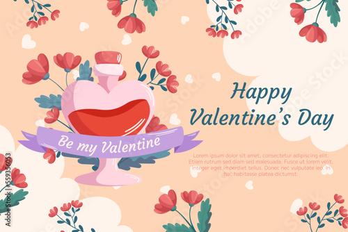 St. Valentines Day background design with Love potion bottle concept illustration with red flowers behind it with ribbon on beige backdrop. Greeting card, decorative hearts and clouds on the back