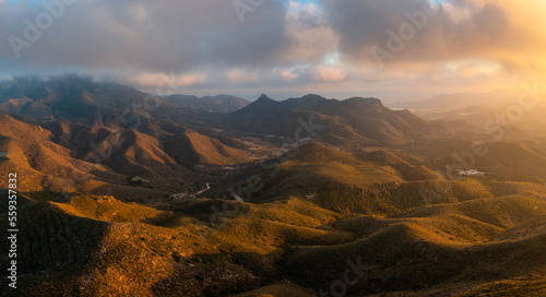 landscape of semi-desert mountain landscape in southern Spain at sunset