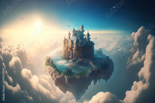 Imaginary mansion in the sky. view from above. Overclouds. Generative AI