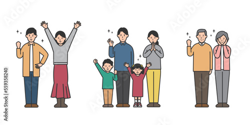 若い夫婦、カップルと子供のいる家族と年配夫婦、三世代家族の笑顔で喜ぶ全身イラストセット