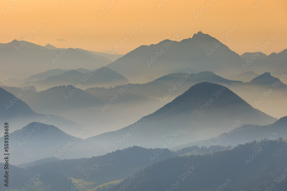 Fototapeta premium Photographed later in the afternoon from Breitenstein - altitude 1661m (Schleching, Traunstein district, Upper Bavaria, Germany).