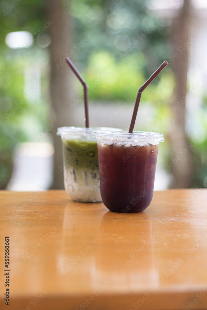 iced americano and ice matcha green tea no sweet no sugar blur background iced americano and ice matcha green tea no sweet no sugar blur background