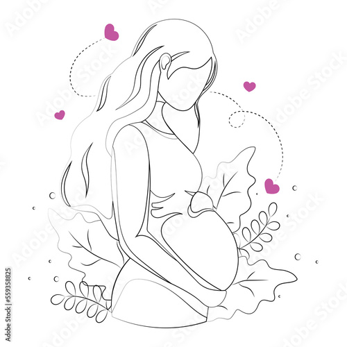 Pregnant girl in graphic style, with pink hearts around. Vector drawing