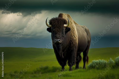 In the vicinity of Head Smashed in Buffalo Jump in Alberta, Canada, a buffalo stands proudly on a grassland farm. Generative AI