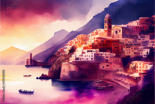 Lovely Amalfi coast watercolor illustration, post card - generative ai