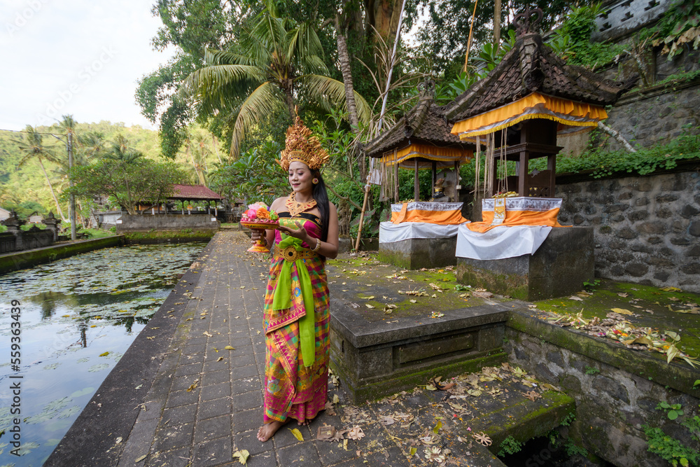 Obraz premium Portrait of a Balinese dancer in a colorful costume with gold crown in a dance position at a temple