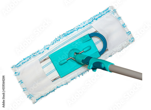 Washing and disinfection of floors, wet cleaning of the house. Cleaning a vinyl brown floor with a mop, isolate on a white background. House cleaning, space for text