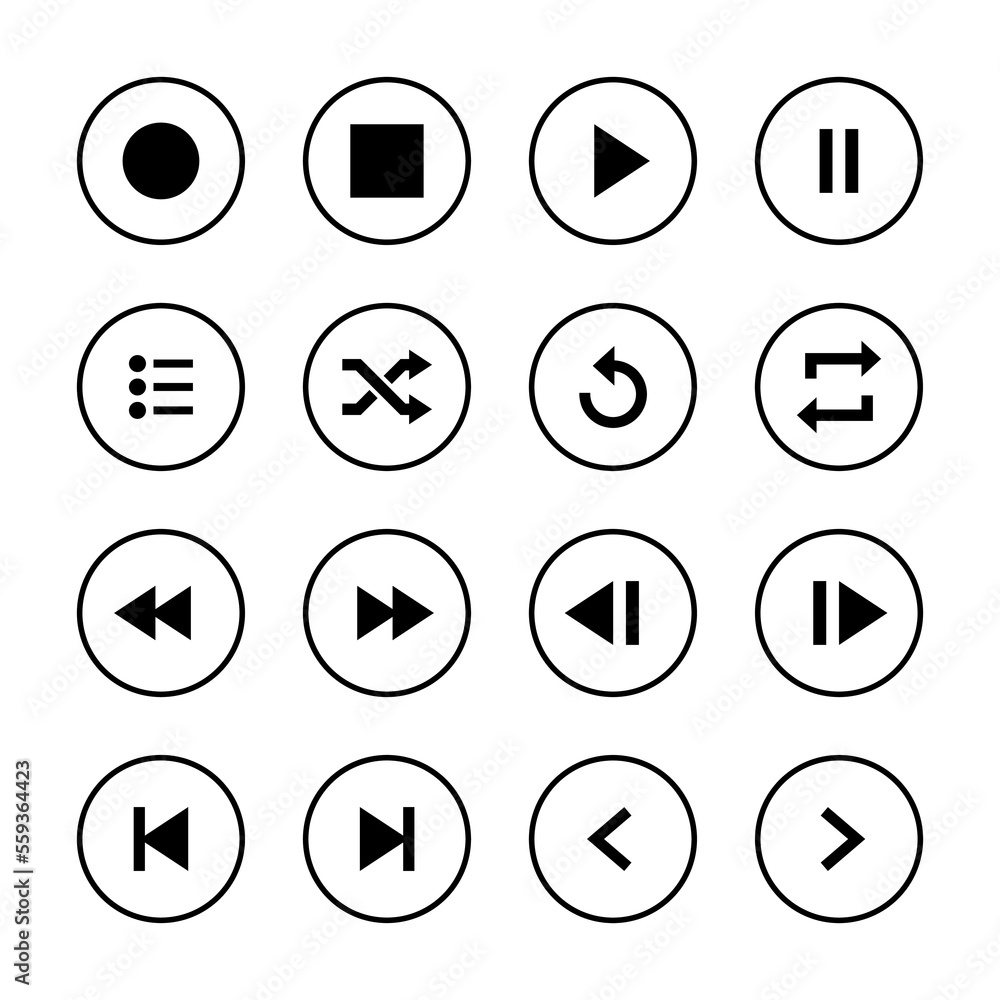 Play, stop, pause, previous, next, shuffle, repeat. Icon set collection of music player app Play, stop, pause, previous, next, shuffle, repeat. Icon set collection of music player app