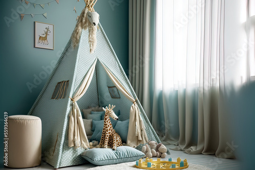 Papier peint cozy children's room complete with a play tent, toys, and a cozy floor bed