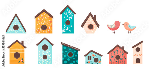 Vector cartoon bird houses illustration collection. Nesting box for birds for garden decorated spring flowers set isolated on white background. Flat stylish.