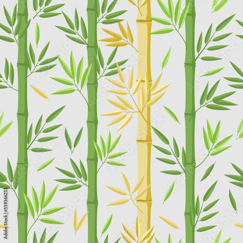 Vertical bamboo seamless pattern with with green and yellow color. Bamboo stalks. Bamboo leaf pattern. Beautiful Asian nature.
