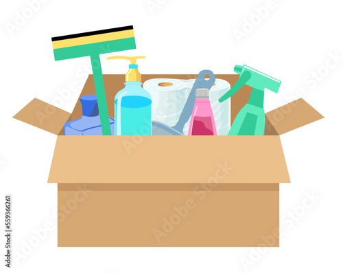 Box with cleaning supplies and janitorial equipment. Cleaning service flat vector. Spray cleaner product, laundry, household, liquid soap, glass cleaner, wipes, glass cleaner