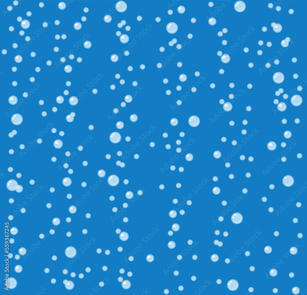 Bubbles vector seamless background with flat line icons. Soap texture. Gentle repeating background pattern of blue bubbles on a blue background. Abstract wallpaper with fizzy effect.