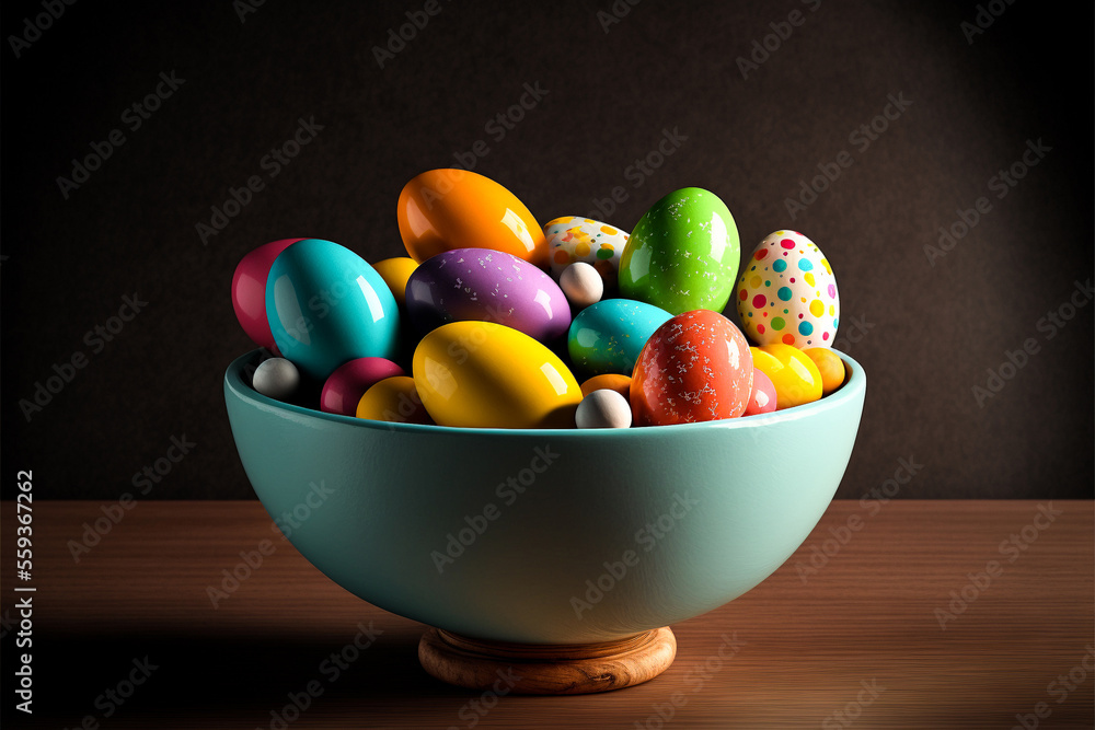 Bowl with colorful Easter eggs. generative AI Bowl with colorful Easter eggs. generative AI