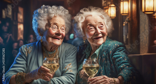  Two little old ladies laughing together in a bar drinking wine. generative AI