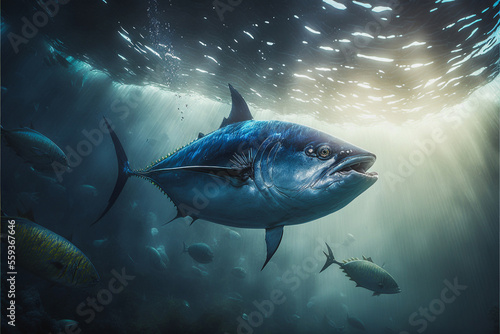  Blue fin tuna fish swimming in clear ocean water. generative AI