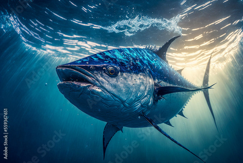  Blue fin tuna fish swimming in clear ocean water. generative AI photo