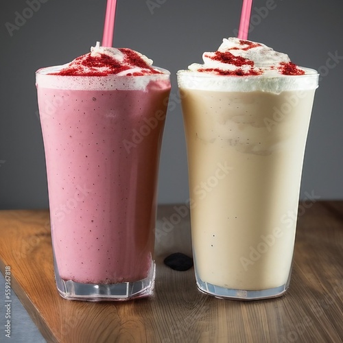 Strawberry and vanilla milkshake with a straw on the table
