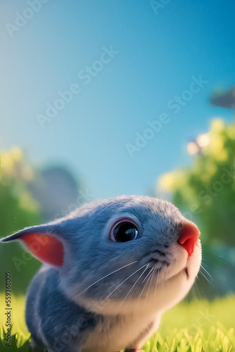 A cute grey chinchilla is depicted in close-up with a garden in the background. 3D rendering, illustration. photo