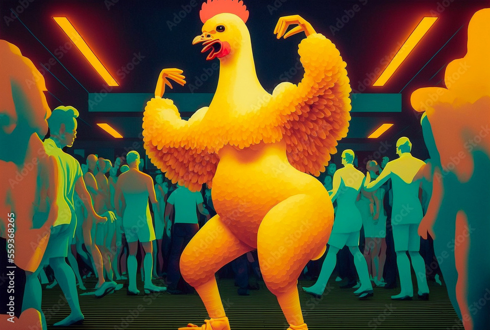 Animated rubber chicken dancing at a disco. generative AI Stock
