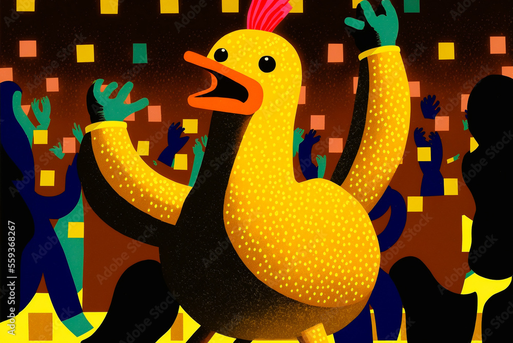 Animated rubber chicken dancing at a party. generative AI Stock