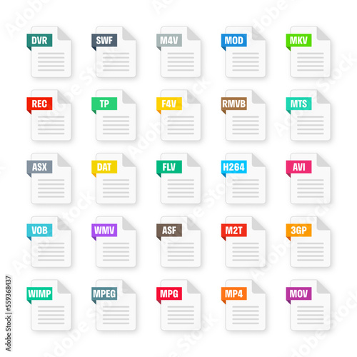 Common system file formats. Document types and extensions. Flat style icons collection. Document pictogram, web design UI element, template. Computer program or application icon. Vector illustration