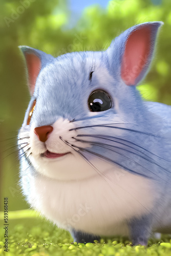 A cute grey chinchilla is depicted in close-up with a garden in the background. 3D rendering, illustration.