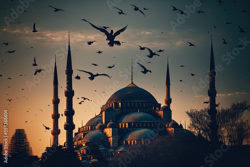 flying birds above a mosque's dome in Istanbul, Turkey. Generative AI