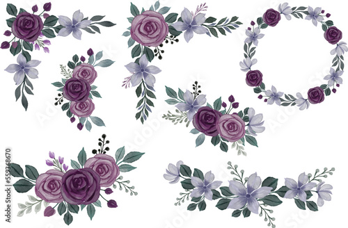 set of purple watercolor floral frame for wedding card