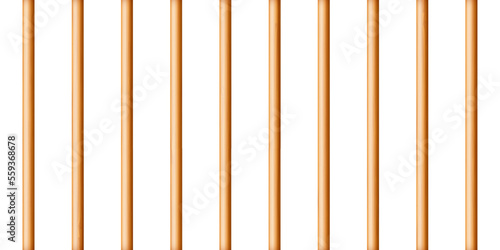 Realistic wooden lattice, rural picket fence. Farm or village house boundary, garden enclosing planks. Detailed wooden jail cage. Criminal background mockup. Creative vector illustration