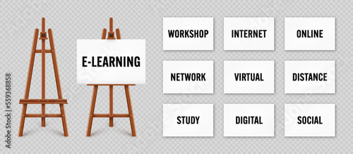 Realistic paint desk with text on white canvas. Wooden easel and a sheet of drawing paper. Presentation board on a tripod. Online studying, e-learning and education, web tutorial. Vector illustration