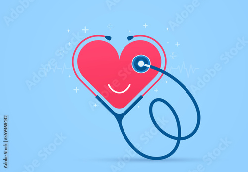 Red heart with doctor's stereoscope on a blue background. Health care and healthy lifestyle concept. Cardiac help, heartbeat pulse line.