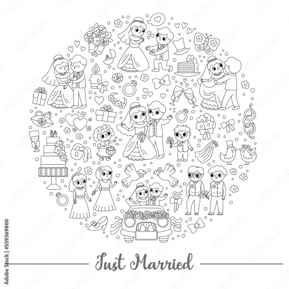 Vector black and white wedding round frame with just married couple. Marriage ceremony card template for banners, invitations. Cute line matrimonial illustration or coloring page.