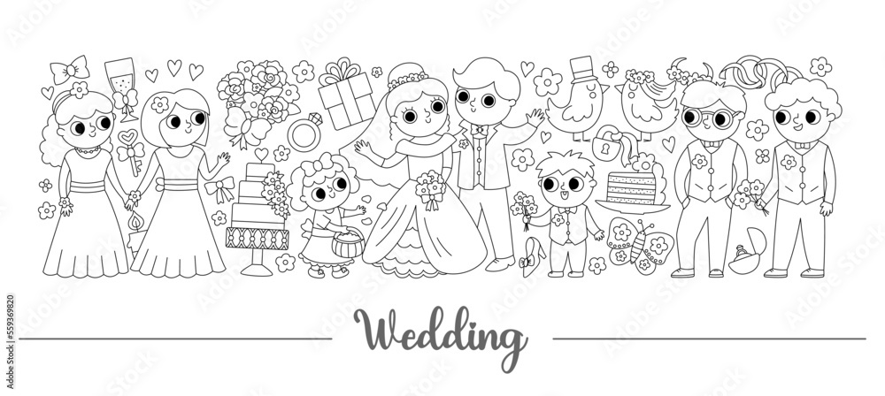 Vector black and white wedding horizontal border set with just married couple. Marriage ceremony card template design with holiday characters. Cute line matrimonial border with bride, groom.