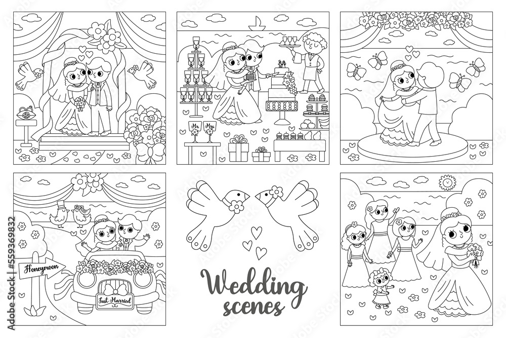 Vector black and white wedding scenes set. Cute line just married couple. Marriage ceremony landscapes coloring pages with bride and groom. Husband, wife cutting cake, dancing.