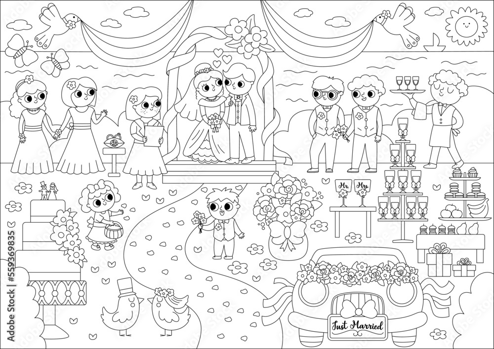Vector black and white wedding scene. Cute line marriage ceremony illustration or coloring page with just married couple in the arch, registrar, bridesmaids and bridegroom, candy bar, cake.