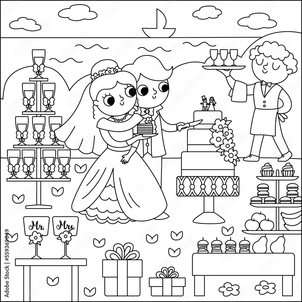 Obraz premium Vector black and white wedding scene with cute just married couple. Marriage line ceremony landscape coloring page with bride and groom. Husband and wife cutting the cake near the candy bar.