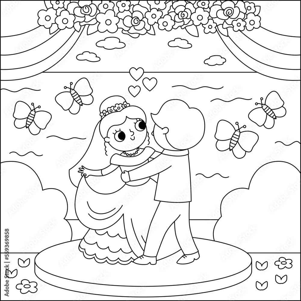 Vector black and white wedding scene with cute just married couple. Marriage line ceremony landscape coloring page with bride and groom. Husband and wife dancing their first dance. Vector black and white wedding scene with cute just married couple. Marriage line ceremony landscape coloring page with bride and groom. Husband and wife dancing their first dance.