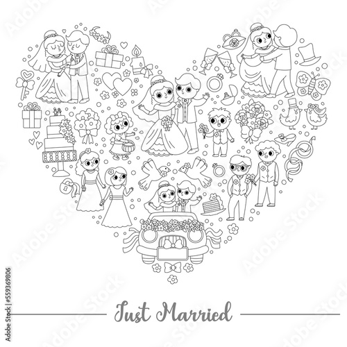 Vector black and white wedding heart shaped frame with just married couple. Marriage ceremony or love concept for banners, invitations. Cute line matrimonial illustration or coloring page.