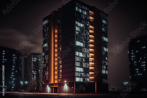 a residential building's exterior at night with street illumination. modern construction. Day City. Generative AI