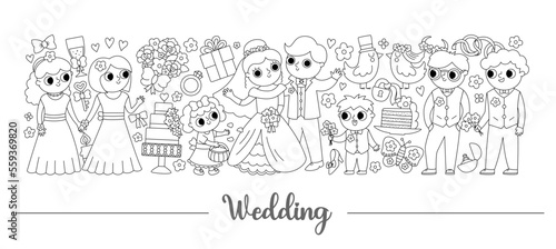 Vector black and white wedding horizontal border set with just married couple. Marriage ceremony card template design with holiday characters. Cute line matrimonial border with bride, groom.