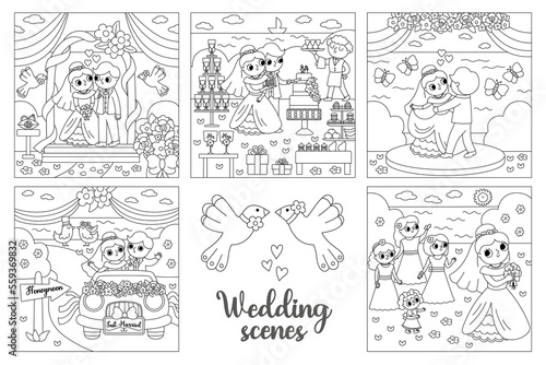 Vector black and white wedding scenes set. Cute line just married couple. Marriage ceremony landscapes coloring pages with bride and groom. Husband, wife cutting cake, dancing.