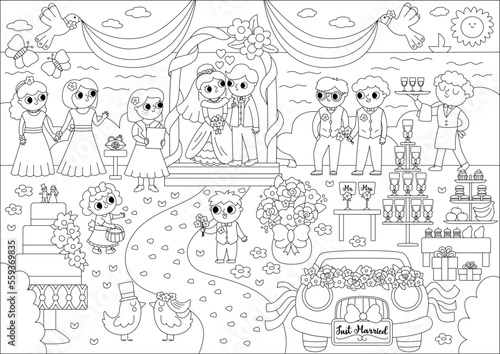 Vector black and white wedding scene. Cute line marriage ceremony illustration or coloring page with just married couple in the arch  registrar  bridesmaids and bridegroom  candy bar  cake.
