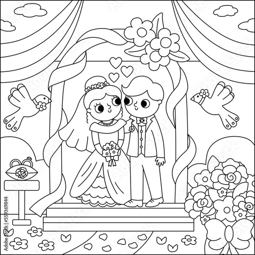 Vector black and white wedding scene with cute just married couple. Marriage line ceremony landscape coloring page with bride and groom. Husband and wife standing in the arch with doves.