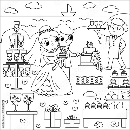 Vector black and white wedding scene with cute just married couple. Marriage line ceremony landscape coloring page with bride and groom. Husband and wife cutting the cake near the candy bar.