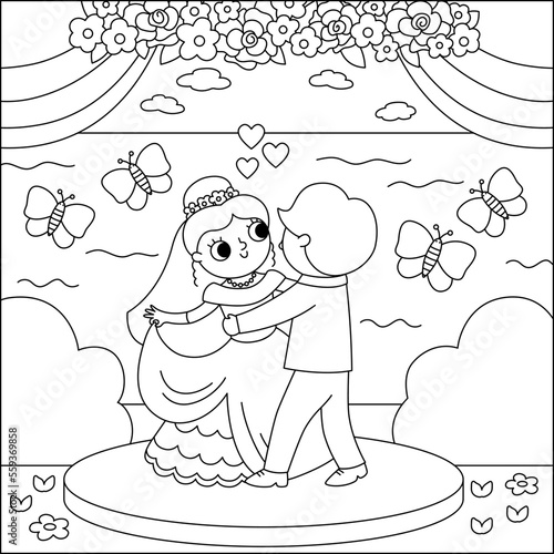 Vector black and white wedding scene with cute just married couple. Marriage line ceremony landscape coloring page with bride and groom. Husband and wife dancing their first dance.