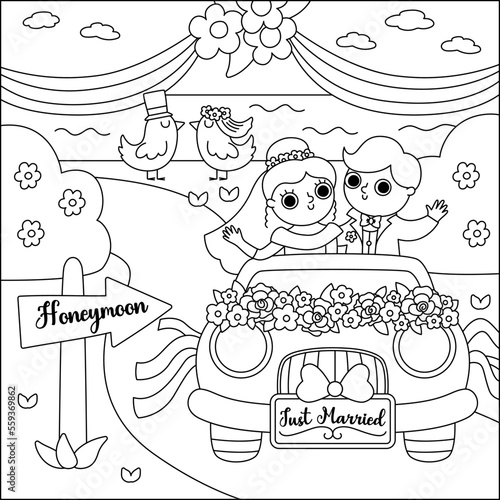 Vector black and white wedding scene with cute just married couple. Marriage line ceremony landscape coloring page with bride and groom. Husband and wife going to honeymoon on car.
