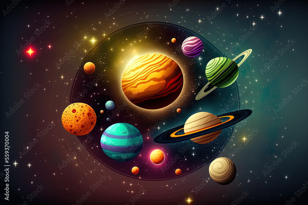 Naklejka premium Background planets and stars due to parallax in space. Generative AI