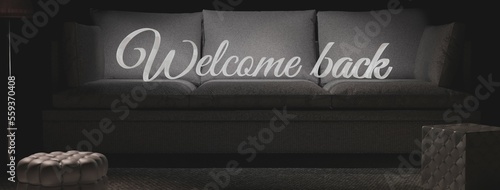 Welcome back text decoration on the vintage interior photorealistic fabric couch and chair. photo